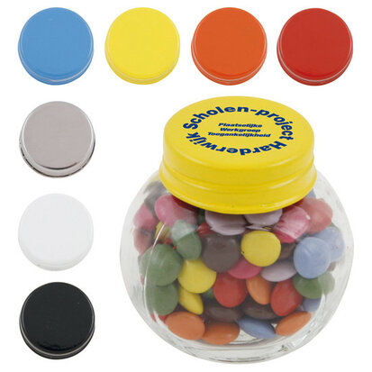 Kleine glazen pot met choco carletties 30 gr. sample