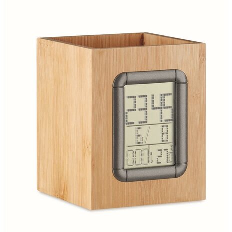 Bamboe pennenbak met LCD klok sample