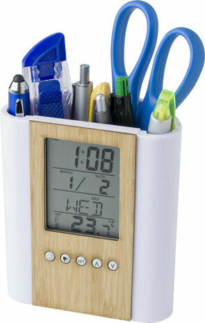 Bamboe pennenhouder met klok sample