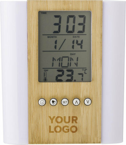 Bamboe pennenhouder met klok sample